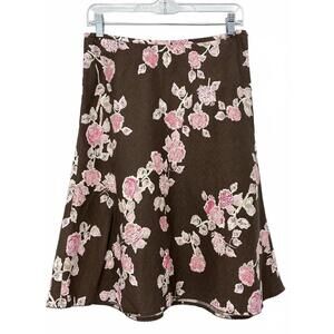 Ann Taylor LOFT Brown & Pink Floral Print Linen Skirt Size 6